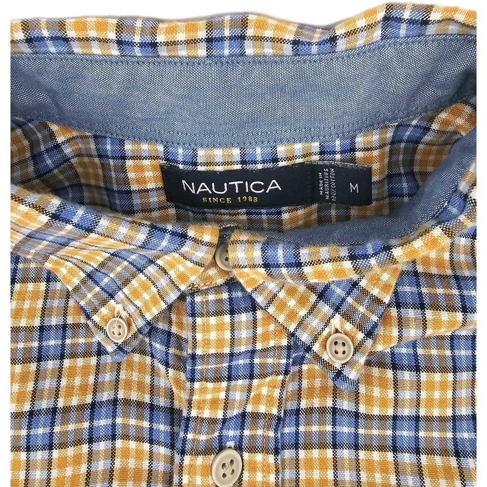Nautica Classic Fit Mens M Orange Blue Plaid Button Up Long Sleeve Dress Shirt - Picture 6 of 7